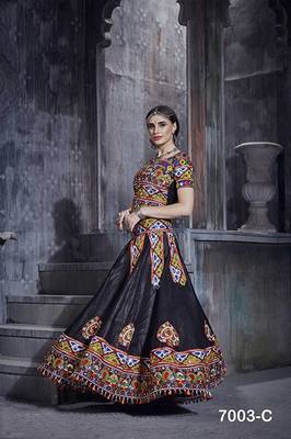 Black Embroidered Sequins & Plastic Mirror Silk Blend Semi Stitched Lehenga Set 1