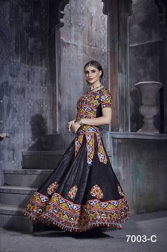 Black Embroidered Sequins & Plastic Mirror Silk Blend Semi Stitched Lehenga Set