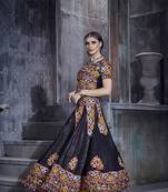 Black Embroidered Sequins & Plastic Mirror Silk Blend Semi Stitched Lehenga Set