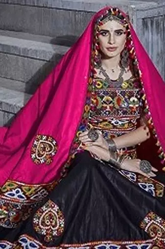 Black Embroidered Sequins & Plastic Mirror Silk Blend Semi Stitched Lehenga Set