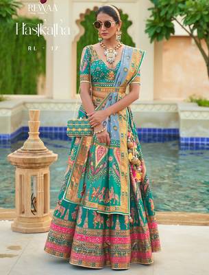 Teal Green Print Sequins Sparkle & Mirror Silk Blend Semi Stitched Lehenga Set 1