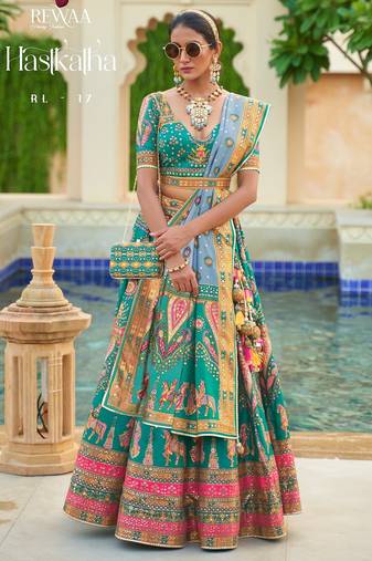Teal Green Print Sequins Sparkle & Mirror Silk Blend Semi Stitched Lehenga Set