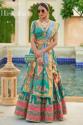 Teal Green Print Sequins Sparkle & Mirror Silk Blend Semi Stitched Lehenga Set