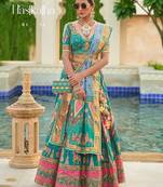 Teal Green Print Sequins Sparkle & Mirror Silk Blend Semi Stitched Lehenga Set