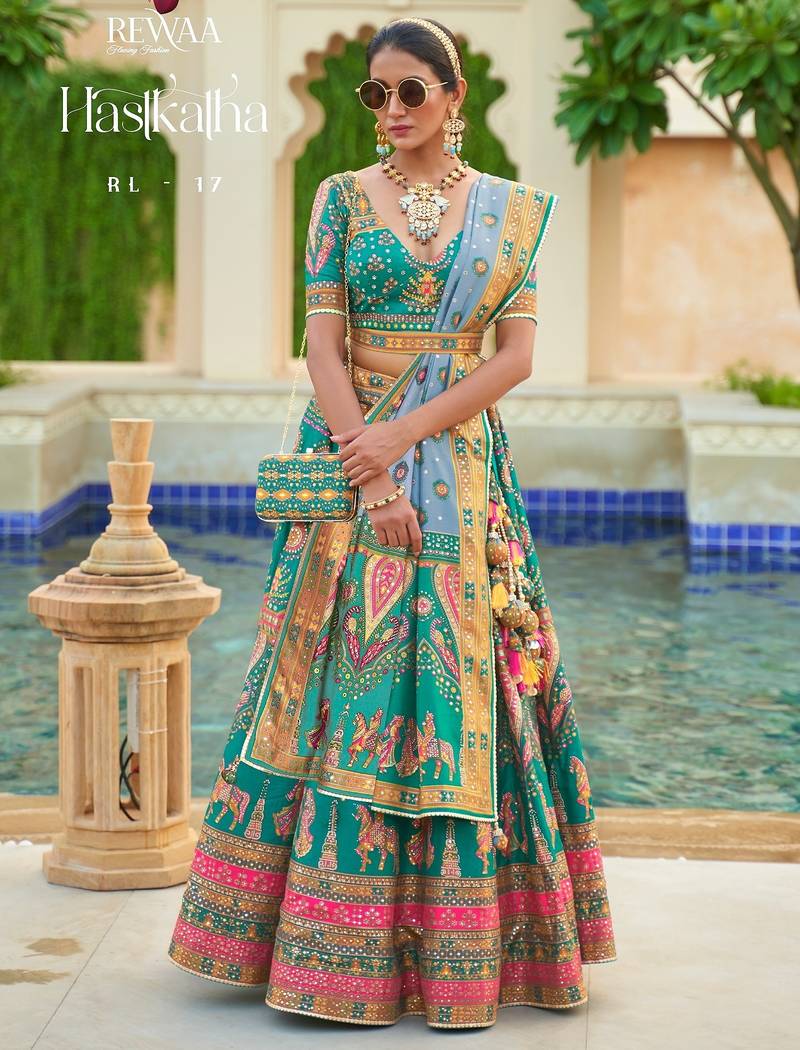 Teal Green Print Sequins Sparkle & Mirror Silk Blend Semi Stitched Lehenga Set