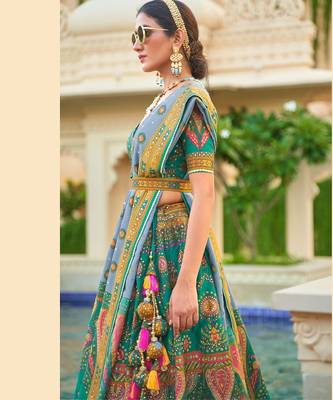 Teal Green Print Sequins Sparkle & Mirror Silk Blend Semi Stitched Lehenga Set 2