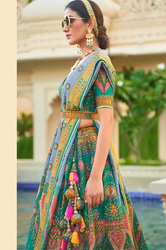 Teal Green Print Sequins Sparkle & Mirror Silk Blend Semi Stitched Lehenga Set