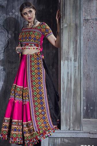 Pink Embroidered Sequins & Plastic Mirror Silk Blend Semi Stitched Lehenga Set