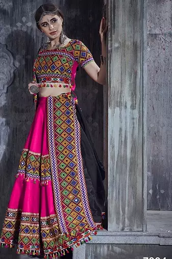 Pink Embroidered Sequins & Plastic Mirror Silk Blend Semi Stitched Lehenga Set