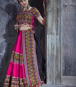 Pink Embroidered Sequins & Plastic Mirror Silk Blend Semi Stitched Lehenga Set
