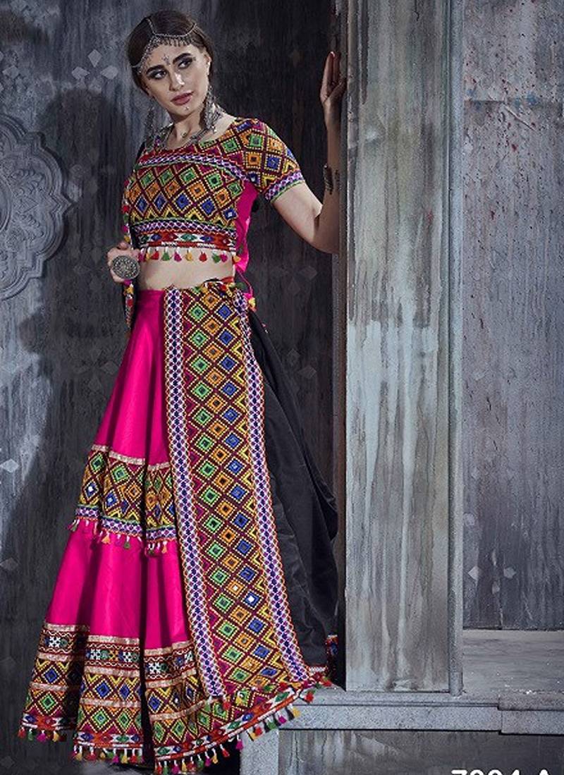 Pink Embroidered Sequins & Plastic Mirror Silk Blend Semi Stitched Lehenga Set