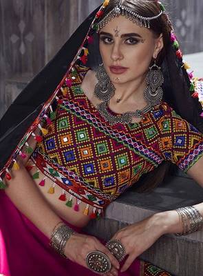 Pink Embroidered Sequins & Plastic Mirror Silk Blend Semi Stitched Lehenga Set 2