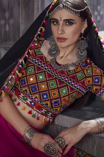 Pink Embroidered Sequins & Plastic Mirror Silk Blend Semi Stitched Lehenga Set