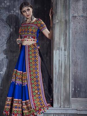 Blue Embroidered Sequins & Plastic Mirror Silk Blend Semi Stitched Lehenga Set 1