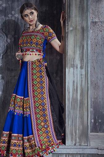 Blue Embroidered Sequins & Plastic Mirror Silk Blend Semi Stitched Lehenga Set