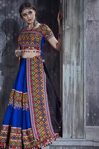 Blue Embroidered Sequins & Plastic Mirror Silk Blend Semi Stitched Lehenga Set
