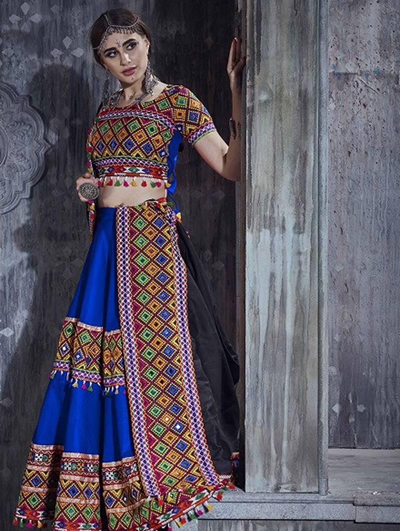 Blue Embroidered Sequins & Plastic Mirror Silk Blend Semi Stitched Lehenga Set