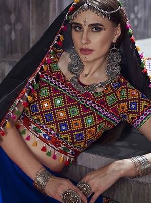 Blue Embroidered Sequins & Plastic Mirror Silk Blend Semi Stitched Lehenga Set 2