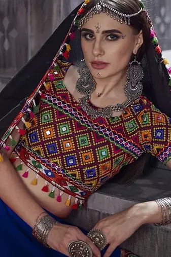 Blue Embroidered Sequins & Plastic Mirror Silk Blend Semi Stitched Lehenga Set