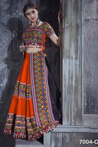 Orange Embroidered Sequins & Plastic Mirror Silk Blend Semi Stitched Lehenga Set