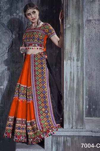 Orange Embroidered Sequins & Plastic Mirror Silk Blend Semi Stitched Lehenga Set