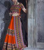 Orange Embroidered Sequins & Plastic Mirror Silk Blend Semi Stitched Lehenga Set