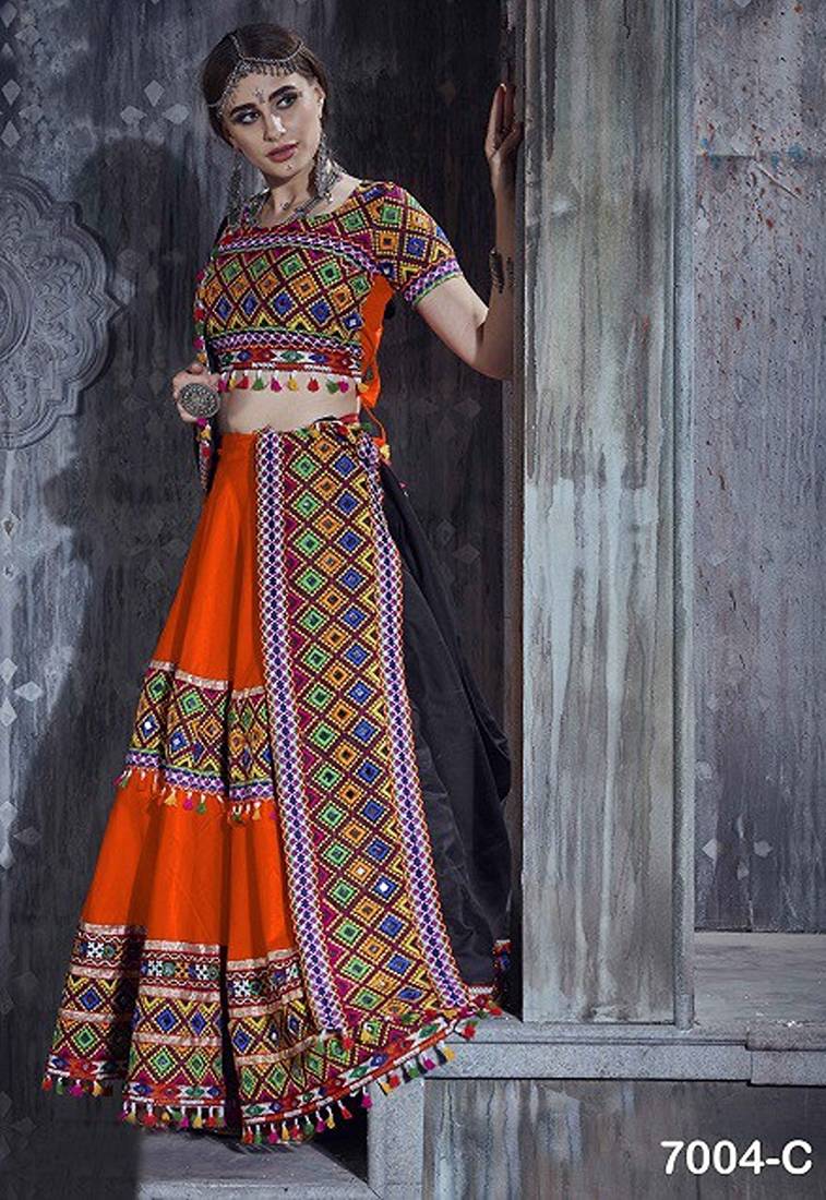 Orange Embroidered Sequins & Plastic Mirror Silk Blend Semi Stitched Lehenga Set