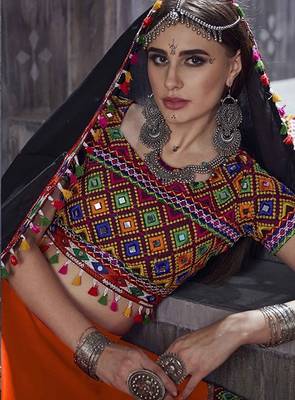 Orange Embroidered Sequins & Plastic Mirror Silk Blend Semi Stitched Lehenga Set 2