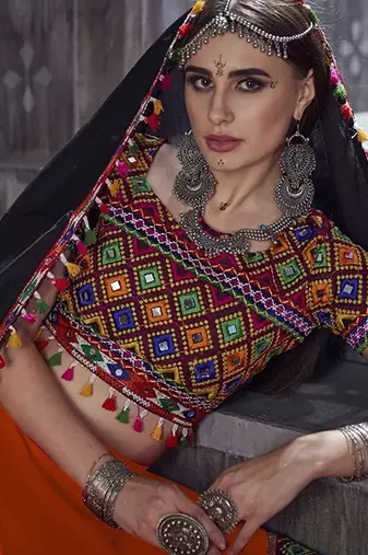 Orange Embroidered Sequins & Plastic Mirror Silk Blend Semi Stitched Lehenga Set