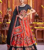 Red Embroidered & Plastic Mirror Silk Blend Semi Stitched Lehenga Set