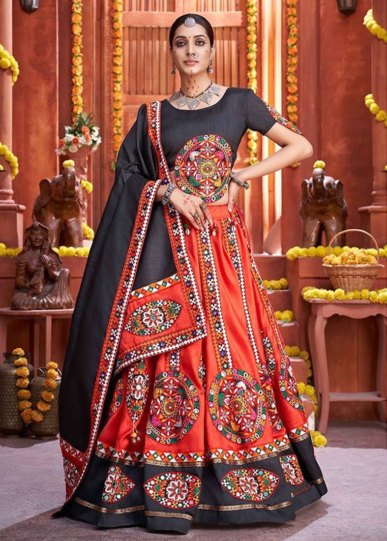 Red Embroidered & Plastic Mirror Silk Blend Semi Stitched Lehenga Set