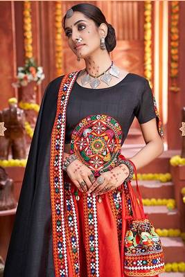 Red Embroidered & Plastic Mirror Silk Blend Semi Stitched Lehenga Set 2