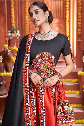 Red Embroidered & Plastic Mirror Silk Blend Semi Stitched Lehenga Set