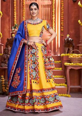 Yellow Embroidered & Plastic Mirror Silk Blend Semi Stitched Lehenga Set 1