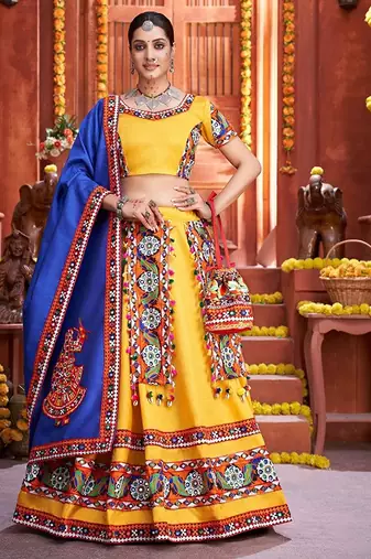 Yellow Embroidered & Plastic Mirror Silk Blend Semi Stitched Lehenga Set