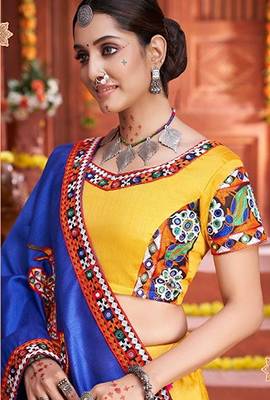 Yellow Embroidered & Plastic Mirror Silk Blend Semi Stitched Lehenga Set 2