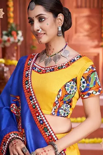 Yellow Embroidered & Plastic Mirror Silk Blend Semi Stitched Lehenga Set