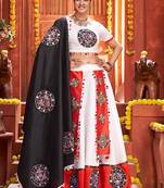 Off White Embroidered & Plastic Mirror Silk Blend Semi Stitched Lehenga Set