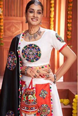 Off White Embroidered & Plastic Mirror Silk Blend Semi Stitched Lehenga Set 2