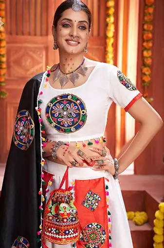 Off White Embroidered & Plastic Mirror Silk Blend Semi Stitched Lehenga Set