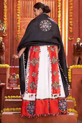 Off White Embroidered & Plastic Mirror Silk Blend Semi Stitched Lehenga Set