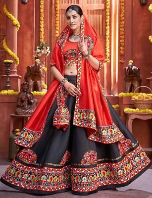 Black Embroidered & Plastic Mirror Silk Blend Semi Stitched Lehenga Set 1