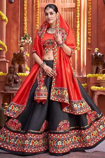 Black Embroidered & Plastic Mirror Silk Blend Semi Stitched Lehenga Set
