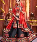 Black Embroidered & Plastic Mirror Silk Blend Semi Stitched Lehenga Set