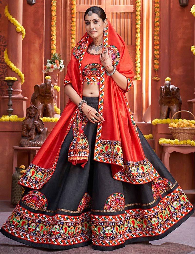 Black Embroidered & Plastic Mirror Silk Blend Semi Stitched Lehenga Set