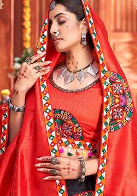 Black Embroidered & Plastic Mirror Silk Blend Semi Stitched Lehenga Set 2