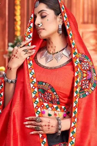 Black Embroidered & Plastic Mirror Silk Blend Semi Stitched Lehenga Set