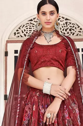 Maroon Thread Embroidered & Sequins Organza Semi Stitched Lehenga Set