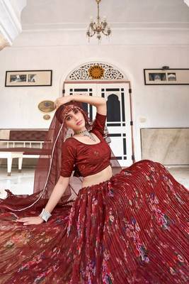 Maroon Thread Embroidered & Sequins Organza Semi Stitched Lehenga Set 1