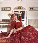 Maroon Thread Embroidered & Sequins Organza Semi Stitched Lehenga Set